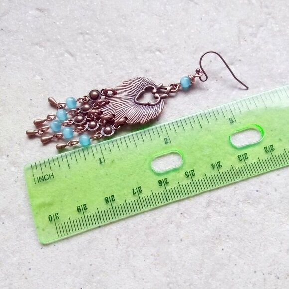 Handmade! Copper Leaf Shaped Chandeliers with Shimmering Aqua CatsEye Beads - Picture 4 of 8